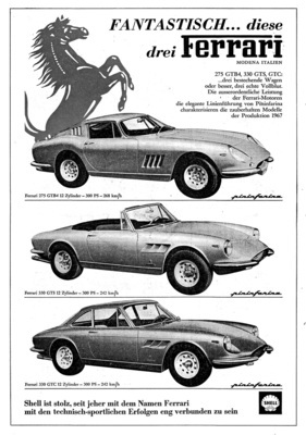 Ferrari 330 GTC, 330 GTS und 275 GTB/4 in der Werbung im Jahr 1967 (1967)