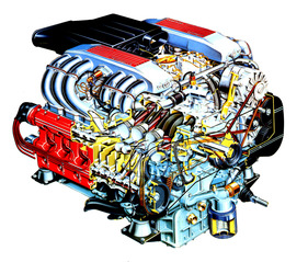 Ferrari Testarossa (1984) - Blick in den Motor (Durchsichtszeichnung)
