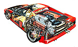 Ferrari Testarossa (1984) - Durchsichtszeichnung enthüllt die Innereien