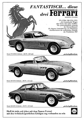 Ferrari-Werbung für 275 GTB, 330 GTS und 330 GTC im Jahr 1967