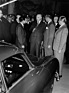 Ferry Porsche im Gespräch mit Bundeskanzler Konrad Adenauer und Prof. Dr. Heinrich Nordhoff (v. l.) von VW auf der 34. Internationalen Automobilausstellung IAA in Frankfurt 1951