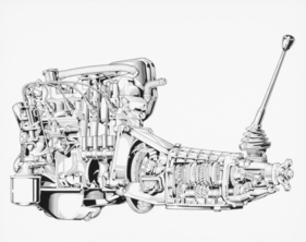 Fiat 124 (1966) – Prospektivschnitt der linken Seite des Motors