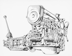 Fiat 124 (1966) – Prospektivschnitt der rechten Seite des Motors