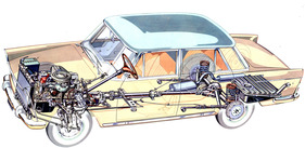 Diese Durchsichtszeichnung gewährt einen Blick auf das moderne Fahrwerk des Fiat 1800. Die Investitionen seitens des Herstellers haben sich gelohnt, das Fahrverhalten ist tadellos.