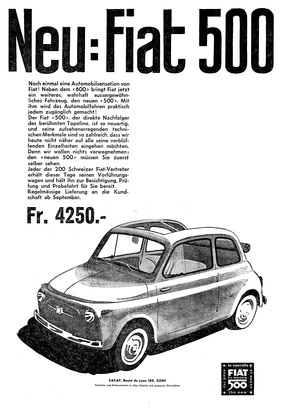 Fiat 500 (1957) - Lancierung zum Preis von 4250 Franken in der Schweiz