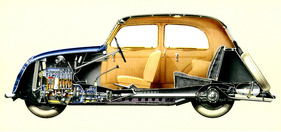 Fiat 508 C / 1100 Balilla (1937) - see-through drawing reveals the technical details of the Fiat design