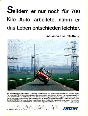 Fiat Panda 45 (1982) - die Werbung schlägt Kapital aus dem günstigen Preis und dem tiefen Gewicht