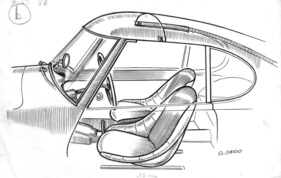 Fiat V8 (1952) - Skizze zeigt die starke Wölbung der Windschutzscheibe und der tiefe Ausschnitt der Seitenfenster Fiat V8 (1952) - Skizze zeigt die starke Wölbung der Windschutzscheibe und der tiefe Ausschnitt der Seitenfenster