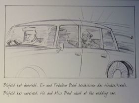 Filmskizze zum Bond-Film - Blofeld mit Irma im Mercedes 600