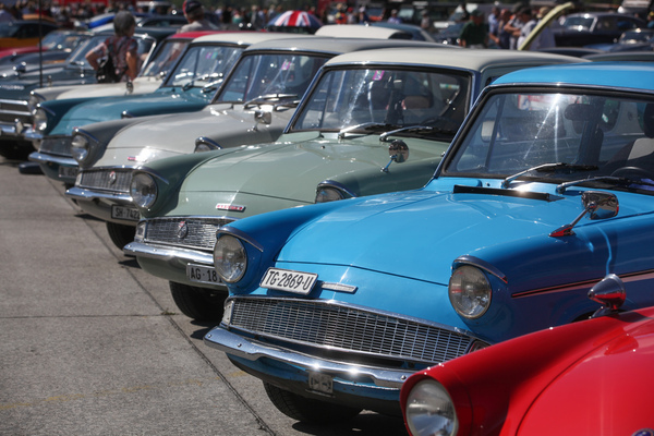 Ford Anglia in rank and file - British Car Meeting (BCM) Mollis 2022