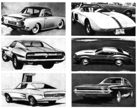 Ford Capri (1969) - Einflüsse und Designstudien - oben links der "Saxon" aus England auf Cortina-Basis, rechts oben der Mittelmotor-Mustang