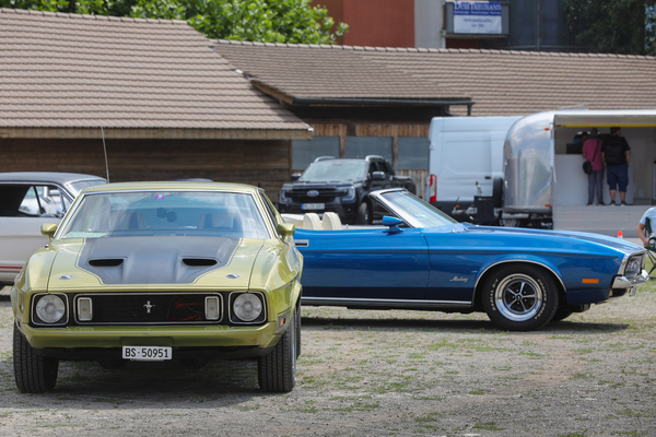 Ford Mustang Mach 1 (1973) - dahinter ein '72er Convertible in "Bright Blue Metallic" - 8. Mustang & Shelby Meeting 2024