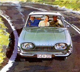 Ford Taunus 17M (1961) - flott durch die Kurve - Prospektillustration