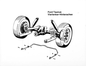 Ford Taunus (1976) – verbesserte Hinterachse mit zwei Längs- und zwei Schräglenkern sowie Querstabilisator