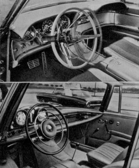 Ford Thunderbird (1963) - mit verstellbarem Lenkrad, unten Cockpit des Mercedes-Benz 220 SE Coupé Ford Thunderbird (1963) - mit verstellbarem Lenkrad, unten Cockpit des Mercedes-Benz 220 SE Coupé