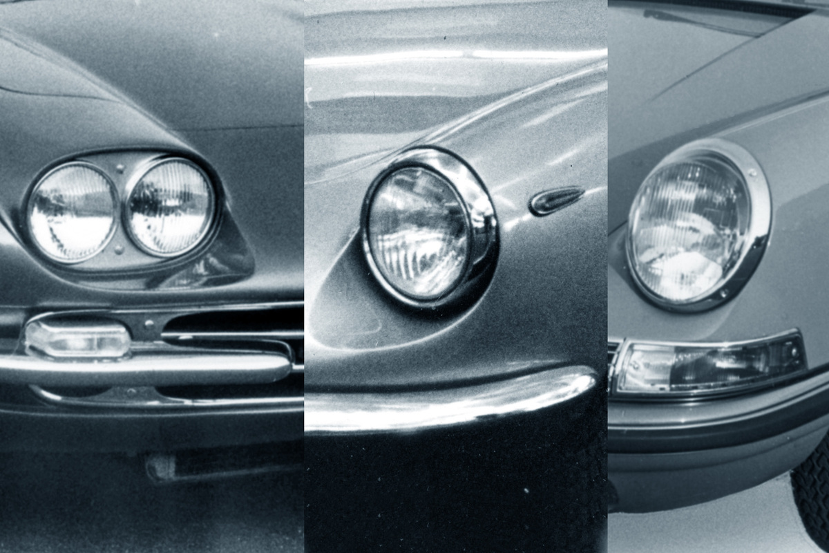 Frontscheinwerfer im Vergleich - Ferrari 330 GTC, Lamborghini 400 GT und Porsche 911 S im Jahr 1966