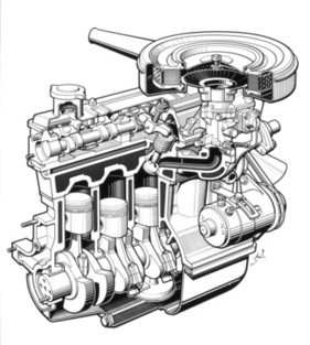 Glas 1204 (1964) - der moderne Motor mit der Nockenwellensteuerung über Zahnriemen (Durchsichtszeichnung) Glas 1204 (1964) - der moderne Motor mit der Nockenwellensteuerung über Zahnriemen (Durchsichtszeichnung)