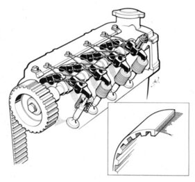 Glas 1204 TS (1964) – der Ventiltrieb mit Zahnriemen und der speziellen Kipphebelführung