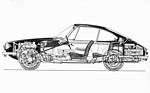 Glas 1300 GT (1966) - Durchsichtszeichnung - der OHC-Motor liegt vorne, Getriebe angeflanscht, tief liegende, geteilte Kardanwelle, geräumiger Innenraum
