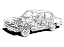 Glas 1500 (1964) - Das Röntgenbild zeigt den technischen Aufbau des geräumigen 1.5 Liter-Wagens.