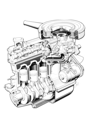 Glas 1700 (1966) – Schnittzeichnung des Motors, Dreiviertelansicht