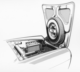 Goggomobil T 600 (1958) - Skizze zeigt Motorraum und Reserverad