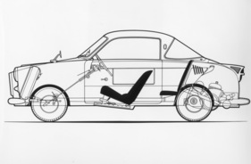 Goggomobil TS 250 (1958) - Skizze zeigt die gute Nutzung - auch das Coupé bot Platz für zwei Erwachsene, zwei Kinder und etwas Gepäck