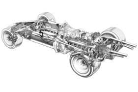 Honda RA 302 (1968) - Der Chassisausleger im V des Motors und dahinter das Joch für die Aufhängung ist gut zu erkennen