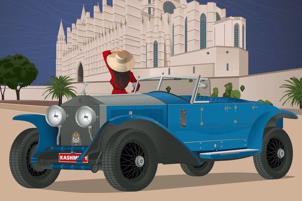 Bild: Icons Mallorca 2024 – eine Woche im Zeichen edler Automobile auf Mallorca, symbolisiert durch einen Rolls-Royce vor der Kathedrale der Heiligen Maria in Palma