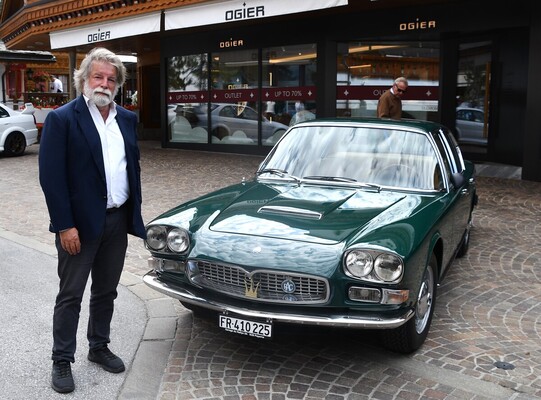 Image: Igor Ustinov with his famous father's 1969 Maserati Quattroporte