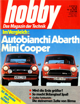 Innocenti Mini Cooper 1300 und Autobianchi A 112 Abarth im Jahr 1974 - auf dem Titelblatt der Zeitschrift 'hobby'