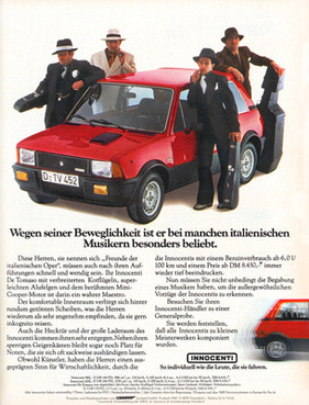 Innocenti Mini De Tomaso (1979) - Werbung - Beweglichkeit beliebt bei Musikern