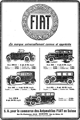 Inserat für Fiat-Automobile in der Automobil Revue im Jahr 1927