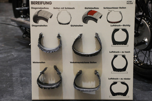 Instruktive Darstellung der verschiedenen Reifen und deren Probleme - Bremen Classic Motorshow 2023