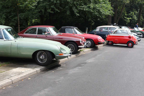 Internationale Aufstellung - vier Nationen - Jaguar E-Type, MG B, Alfa Romeo Spider, BMW Isetta, Citroën DS - Hamburger Stadtpark-Revival 2016