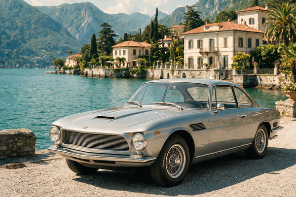 Image: Iso Rivolta IR 300 (1966) — Designed by Giugiaro at Bertone — long hood, flat-sloping roof, and chrome-plated spoked wheels