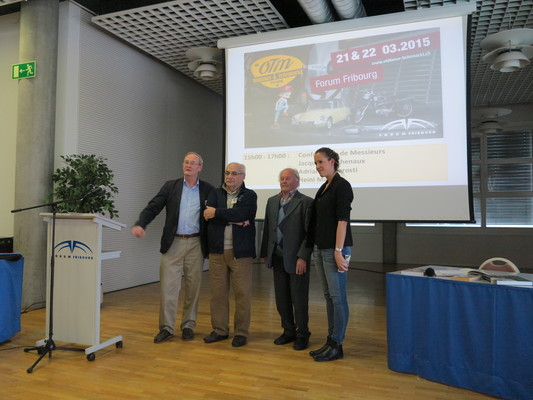 Jacques Deschenaux, Adriano Cimarosti, Heini Mader und Dorothée Currat - in einem Vortrag wurde Jo Siffert geehrt - OTM Fribourg 2015