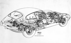 Jaguar E-Type (1961) - Durchsichtszeichnung entüllt alle Details der Katze
