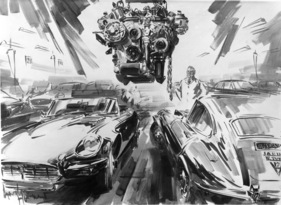Jaguar E V12 (1971) - dynamische Zeichnung von Gordon Horner zur Ankündigung des neuen V12-E-Types
