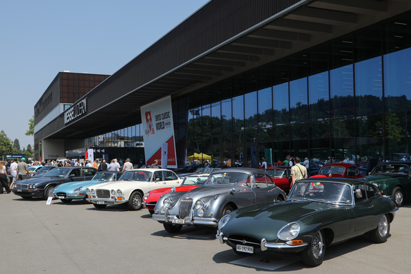 Jaguar classics in front of the exhibition halls - Swiss Classic World Lucerne 2023