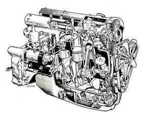 Jaguar XK 120 (1953) - der Doppelnockenwellen-Motor in der Durchsichtszeichnung