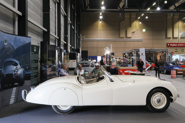 Jaguar XK120 with Spats on the stand of the Jaguar Club - Swiss Classic World Lucerne 2023
