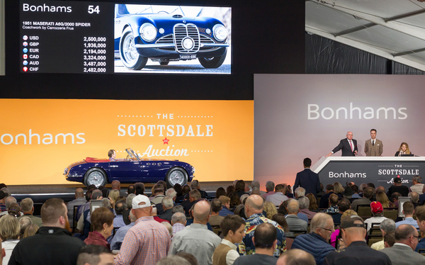 Image: James Knight auctions the Maserati A6G 2000 Spyder Frua at the Bonhams auction on January 17, 2019 in Scottsdale