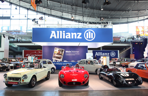 Image: Classics at the Allianz stand - a Datsun on the left, a Maserati 300 S Recreation in the middle and a Westfield Eleven, a replica of the Lotus 11, on the right - Retro Classics Stuttgart 2014