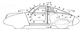 Komenda-Patent vom 23. Mai 1953: die Coupé-Karosserie des Porsche 550 mit ihren zahlreichen Belüftungsschlitzen (© Ludvigsen Partners, 1953) Komenda-Patent vom 23. Mai 1953: die Coupé-Karosserie des Porsche 550 mit ihren zahlreichen Belüftungsschlitzen (© Ludvigsen Partners, 1953)