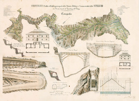 Kunst am Bau: Bauingenieur Carlo Donegani benötigte für die Planung der Stilfser-Joch-Strasse nur ein Jahr. Von Sohn Giovanni kolorierte Chorgrafie als Kollage von Planzeichnungen. Kunst am Bau: Bauingenieur Carlo Donegani benötigte für die Planung der Stilfser-Joch-Strasse nur ein Jahr. Von Sohn Giovanni kolorierte Chorgrafie als Kollage von Planzeichnungen.