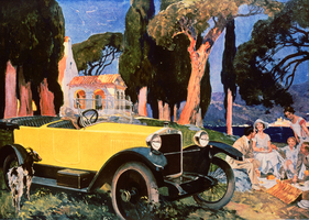 Kunstvolles Gemälde eines idyllischen Familienausfluges mit einem Berliet 12 CV (1923).