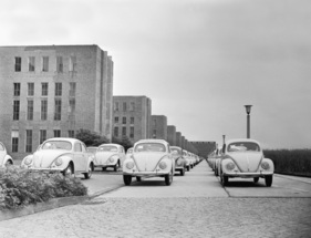 Kurz vor der Auslieferung standen die Käfer jeweils auf dem Wolfsburger Werksgelände Spalier.