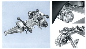 Lancia Flaminia (1967) - Technik-Paket - links Differential-Getriebeeinheit (Transaxle), rechts Vorderradaufhängung