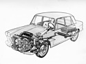 Lancia Flavia (1960) - Durchsichtszeichnung mit Fokus auf die Antriebstechnik